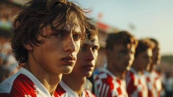 Team of young footballers in red and white uniforms observing a match at the stadium photo