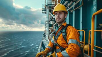 Young worker is seen donning a safety harness while on duty at an offshore oil rig platform photo