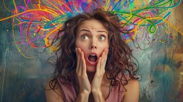 Young woman looking surprised with colorful abstract paint splattered lines exploding from her head photo