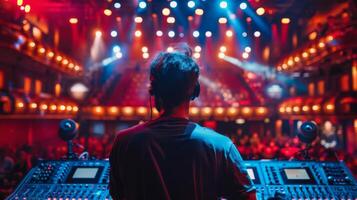 Audio engineer manipulating audio levels on a digital mixing console during a live performance photo