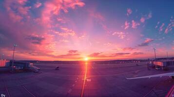 vacío aeropuerto pista a atardecer, con largo oscuridad emitir por el terminal y avión en el primer plano foto