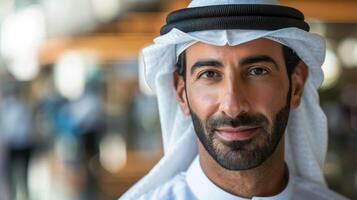 Confident middle eastern businessman smiling in an office setting for a portrait photo