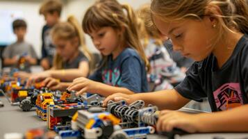 Elementary school students focused on constructing robots with plastic bricks in stem class photo