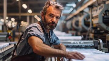 Worker in a blue shirt and brown apron inspects a printing machine in a vast industrial printing facility photo