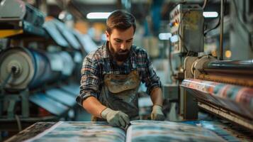 Printer in an apron and gloves carefully inspecting a print for quality in a printing factory photo