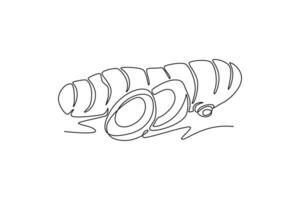 Single one line drawing of whole and sliced healthy organic turmeric for farming logo identity. Fresh curcuma concept for vegetable icon. Modern continuous line draw design graphic illustration vector