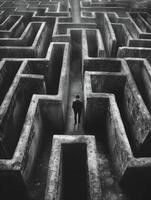 Lone businessman navigating a large concrete labyrinth photo