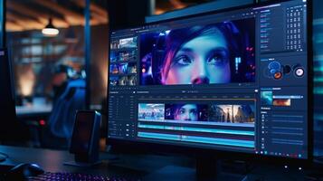 editor is working at his desk on a movie or commercial photo