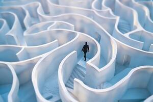 Businessman is walking through a huge white maze, aerial view photo