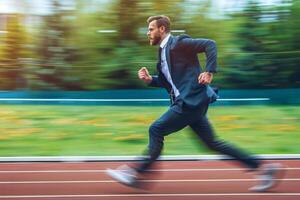 Fast moving businessman in a suit on an athletic track with motion blur effect photo