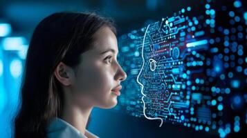 Businesswoman observing a holographic projection of artificial intelligence in a modern workspace photo