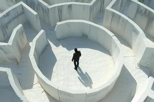Aerial view of a businessman walking through a difficult maze made of white concrete walls photo