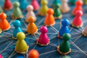 Colorful pawns connected with string on a blue tabletop symbolizing networking photo