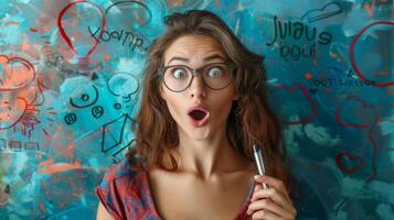 Surprised young woman holding a pen in front of a blue wall with drawings photo