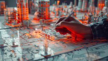 Architect utilizes digital pen to create futuristic city on architectural sketch photo