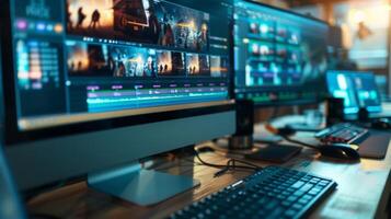Workplace of a editor using professional software to edit a movie photo