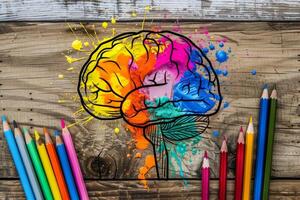 Vibrant human brain illustration on wooden surface with colorful pencils symbolizing the creative thought process photo