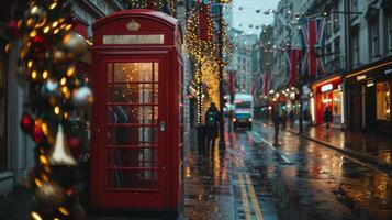 Red telephone box standing on a london street decorated with christmas lights and british flags photo