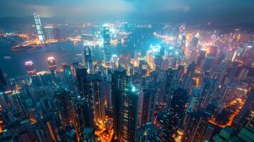 Glowing with vibrant city lights at night, the hong kong skyline displays a stunning showcase of modern architecture photo
