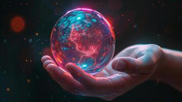 Person holding a glowing globe with network connections, symbolizing global communication and technology photo