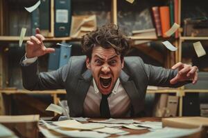 Frantic businessman shouting and creating chaos at his desk in his office, with papers swirling in the air photo