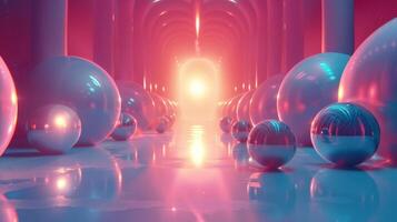 Abstract background with reflective spheres in a hallway leading to bright light photo