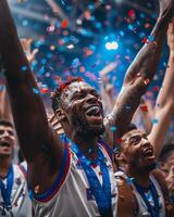 Victorious basketball player celebrating with teammates under confetti rain and wearing a medal photo