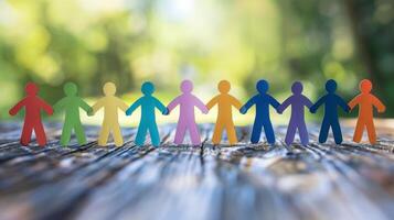 Colorful paper people chain standing on wood with green nature background photo