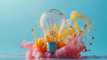 Exploding light bulb with vibrant paint splatter symbolizing creativity and innovation photo