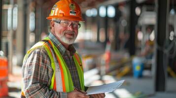 Construction site manager wearing a hard hat and safety vest holding blueprints on site photo