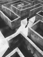 Businessman is walking in a huge concrete maze, searching for the exit photo