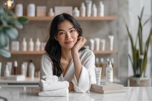 Smiling beautician posing with hand on face, surrounded by skincare products and towels at a beauty center counter photo
