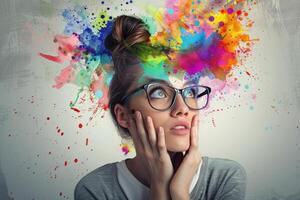 Young woman is having a creative idea with colorful paint splashing from her head photo