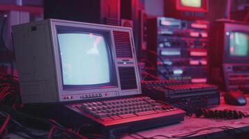 Vintage personal computer with a blank screen is surrounded by old technology in a room with red lighting photo