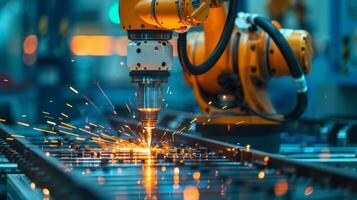 Robotic arm creating a shower of sparks while welding metal photo