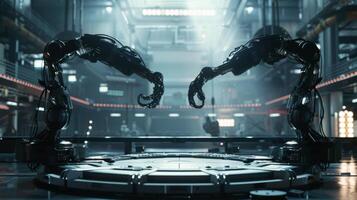 Two robotic arms facing each other in high tech industrial factory photo