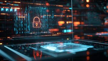 Data encryption, a computer displaying a padlock icon on the screen photo