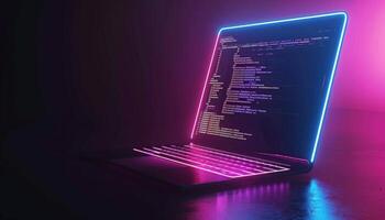 Modern laptop displaying code in neon light reflecting on surface photo