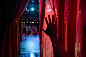 Stage director is touching a red curtain and watching actors rehearsing on stage photo