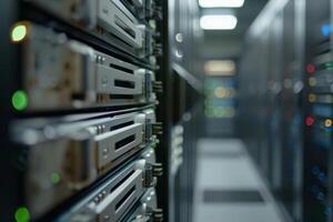 Server room with numerous racks holding powerful computers is running smoothly photo