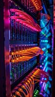 Fiber optic cables linking servers in a data center, illuminated by vibrant hues photo
