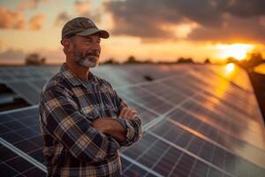 Engineer standing with arms crossed in a solar power station during sunset photo