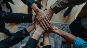 Diverse team of business professionals coming together in a spirit of teamwork and collaboration photo