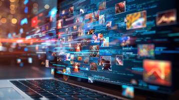 Laptop streaming images with programming code in the background, representing the concept of digital data photo
