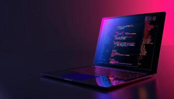 Modern laptop displaying computer code on screen in dark room setting photo