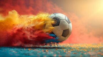 Soccer ball exploding in a cloud of colorful powder on a field photo