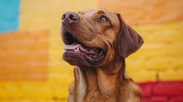 Brown dog panting with tongue out and colorful background photo