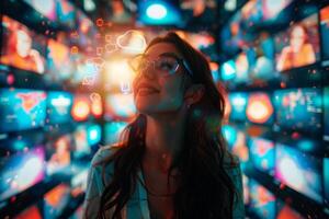 Young woman gazes at cloud computing symbols, enveloped by digital displays of data and information photo