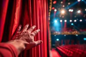 Hand opening a red curtain on a theater stage with blurred lights in the background photo