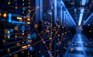 Server farm in a data center with network connections depicted in an abstract image photo